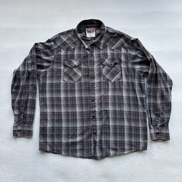 Wrangler Jeans Co Men X Large Plaid Western Shirt Pearl Snap Long Sleeve Gray - Picture 1 of 15